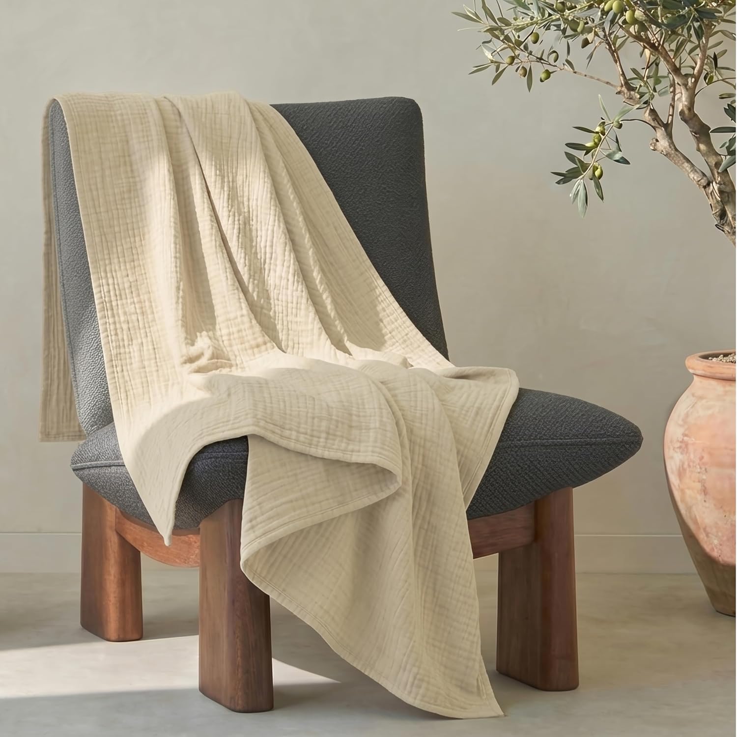 Thumbnail 6 de Dreamzie Couverture en mousseline 100% coton 4 couches 220x240 cm (beige) – légère, respirante, Oeko-Tex