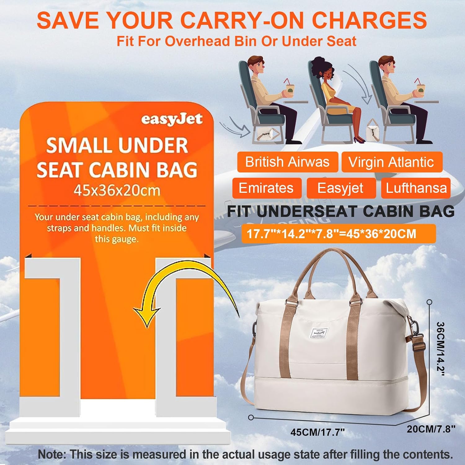 Detalle 2 de HPLQQ Weekender Reisetasche für Damen (45 x 36 x 20 cm) mit Schuhfach und Nassfach – Easyjet Handgepäck Kliniktasche Travel Duffle Bag