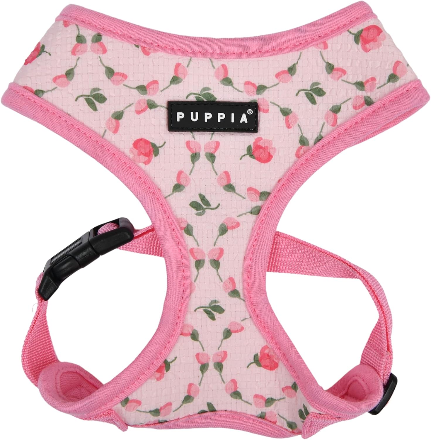 Detalle de Puppia Florian A – różowa uprząż dla psa, kwiatowy wzór, rozmiar M