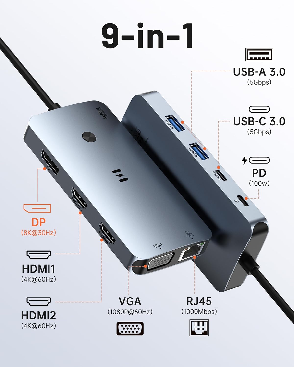 Detalle 2 de Selore&S-Global SEUC0554 USB-Cドッキングステーション、HDMI×2・DisplayPort・VGA、最大100W PD対応