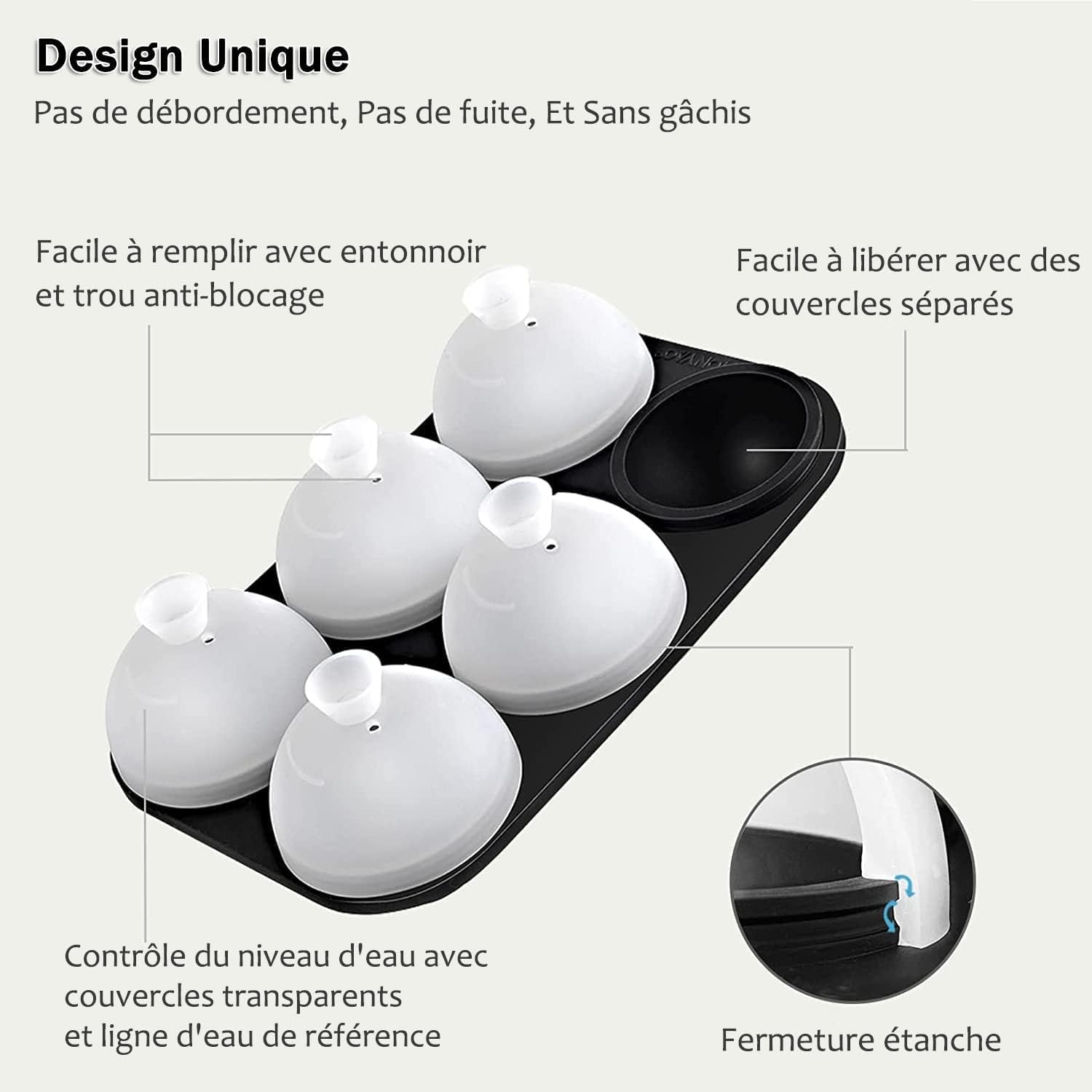 Detalle 2 de HONYAO siliconen ijsblokjesvorm voor 6 ijsbollen van 5 cm met deksel
