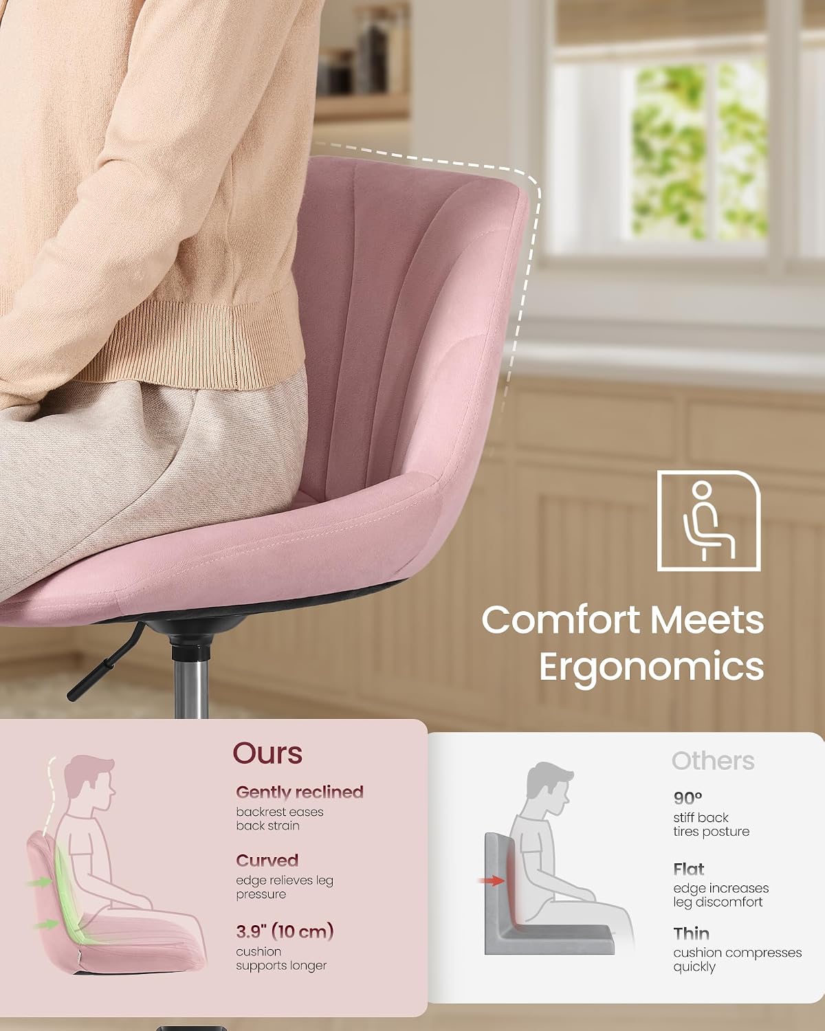 Detalle 2 de VASAGLE LJB160WD02 Dressing Table Chair: height adjustable, 360° swivel beauty stool with backrest (Cloud White)