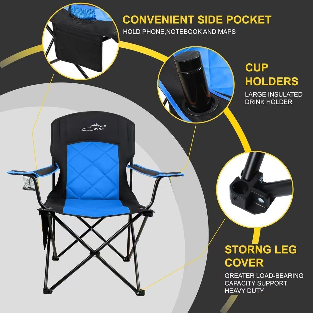 Thumbnail 4 de FAIR WIND Camping Chair 2 Pack: Heavy-Duty, Fully Padded Seat with Side Pocket and Cup Holder