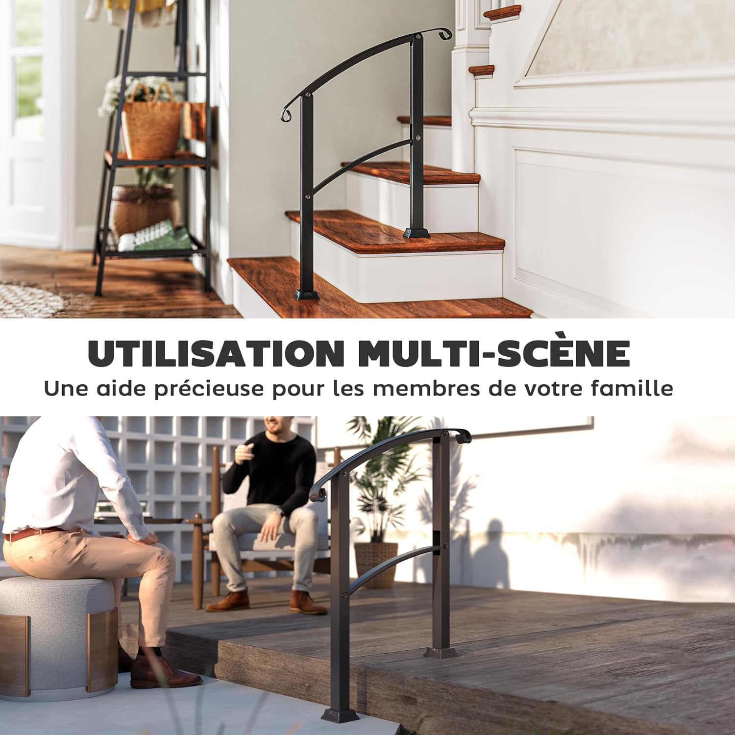 Detalle de Outsunny Rampe d’escalier extérieure pour 1 à 3 marches avec main courante et kit d’installation, angle réglable jusqu’à 45°, noir