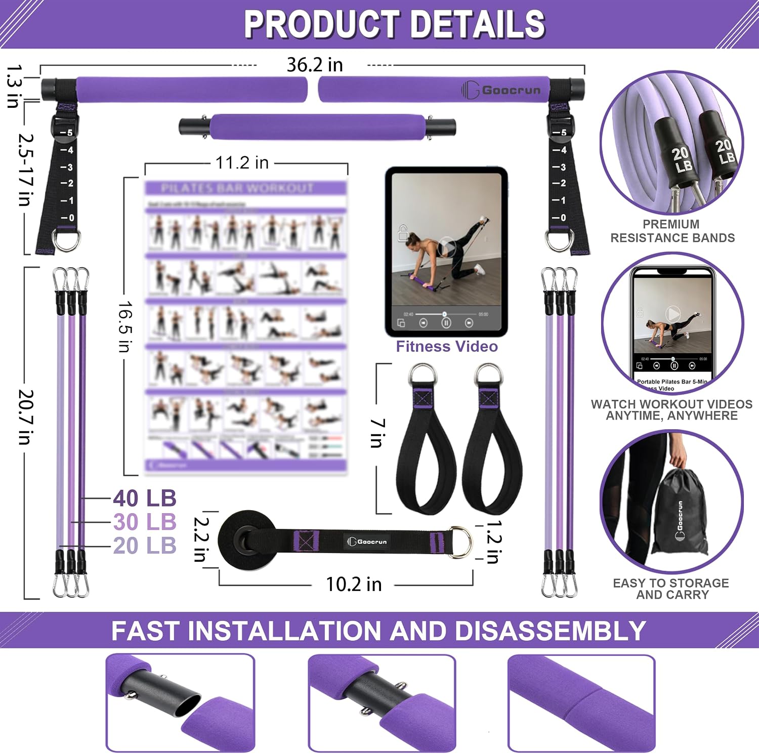 Thumbnail 6 de Goocrun PLTB-Gradient Purple-01 Pilates-stang met verstelbare weerstandsbanden