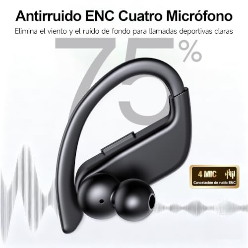 Detalle 2 de Auriculares Inalámbricos Bluetooth Deportivos VNMN con Gancho, IPX7 y 120H de autonomía