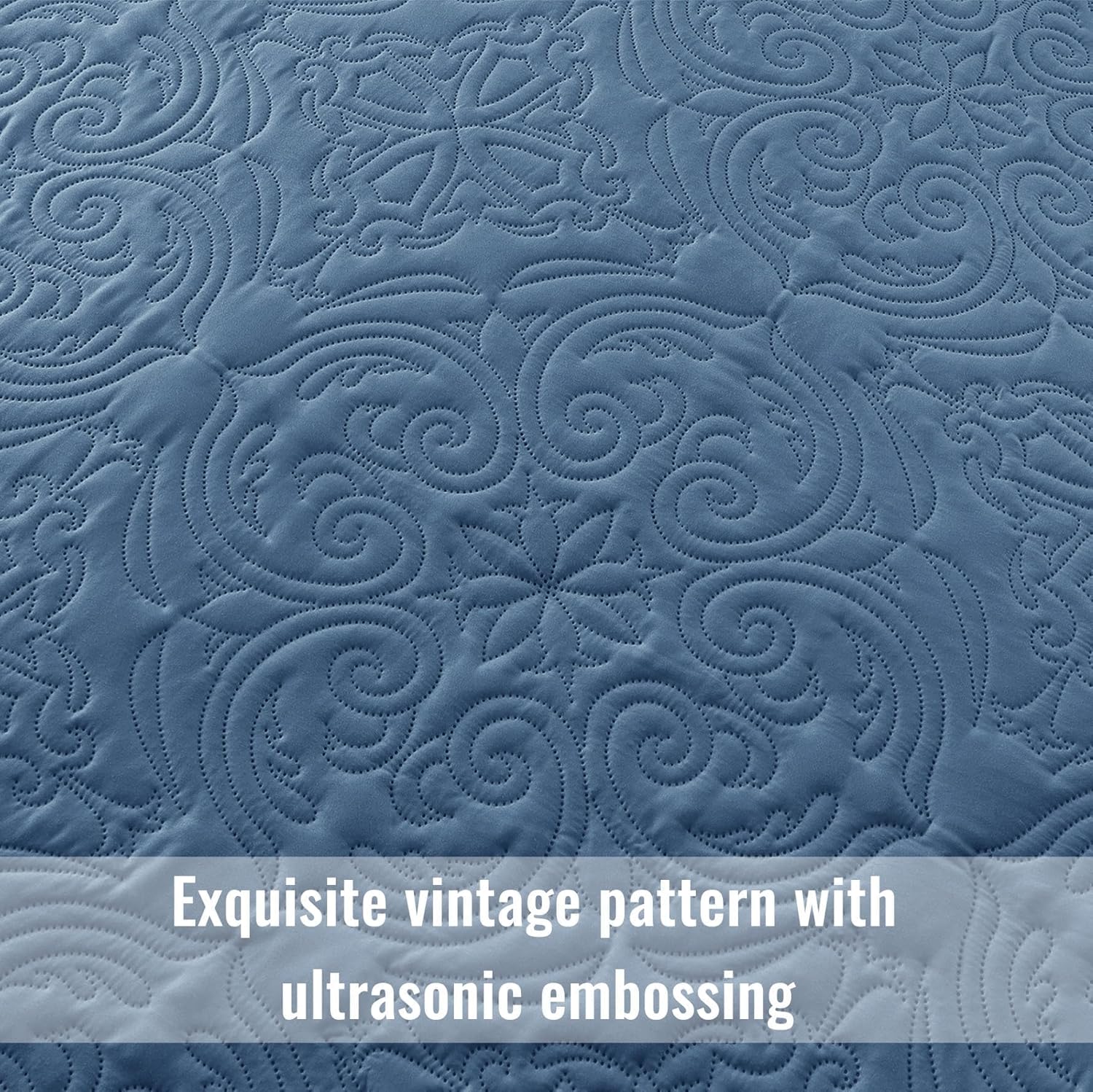 Detalle 2 de Exclusivo Mezcla QS-YP-QBL Full/Queen Quilt Set, Grayish Blue Damask Microfiber