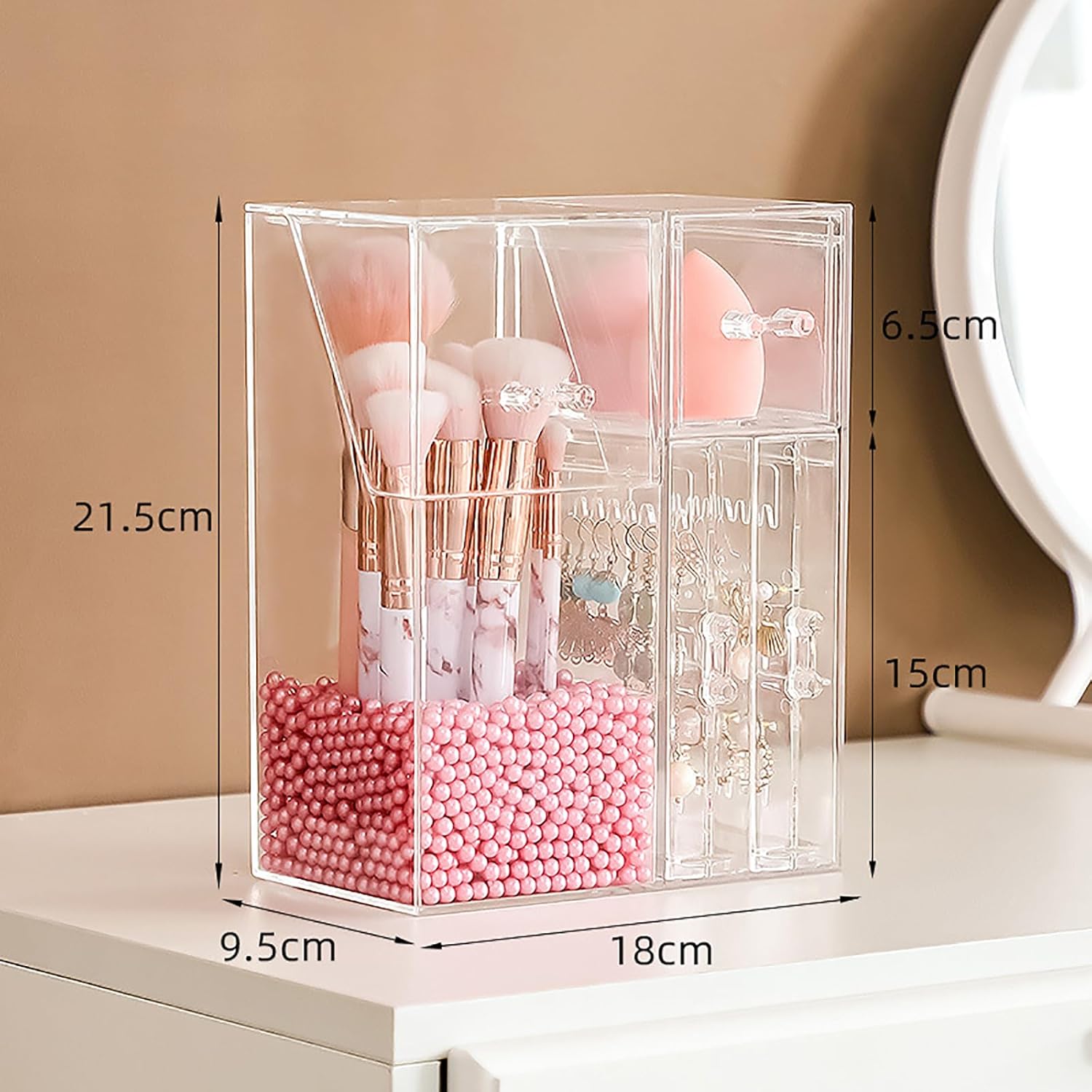 Detalle 2 de Andchi 2-in-1 Cosmetic Brush & Earrings Desk Organizer (dustproof acrylic, pink pearl)