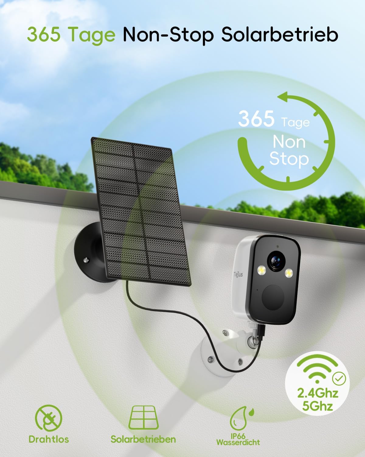 Detalle 2 de TIEJUS 2K Solar-Überwachungskamera außen (Akku, 5G/2,4-GHz WLAN, IP66, Nachtsicht in Farbe)