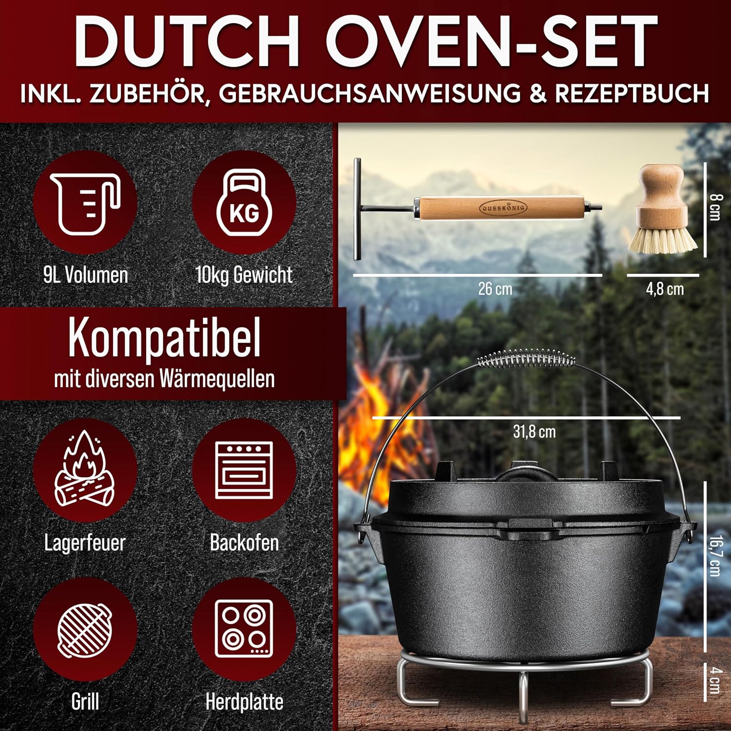 Detalle 2 de GUSSKÖNIG Dutch Oven Set 9L 2in1 Deckelheber ⌚📷?