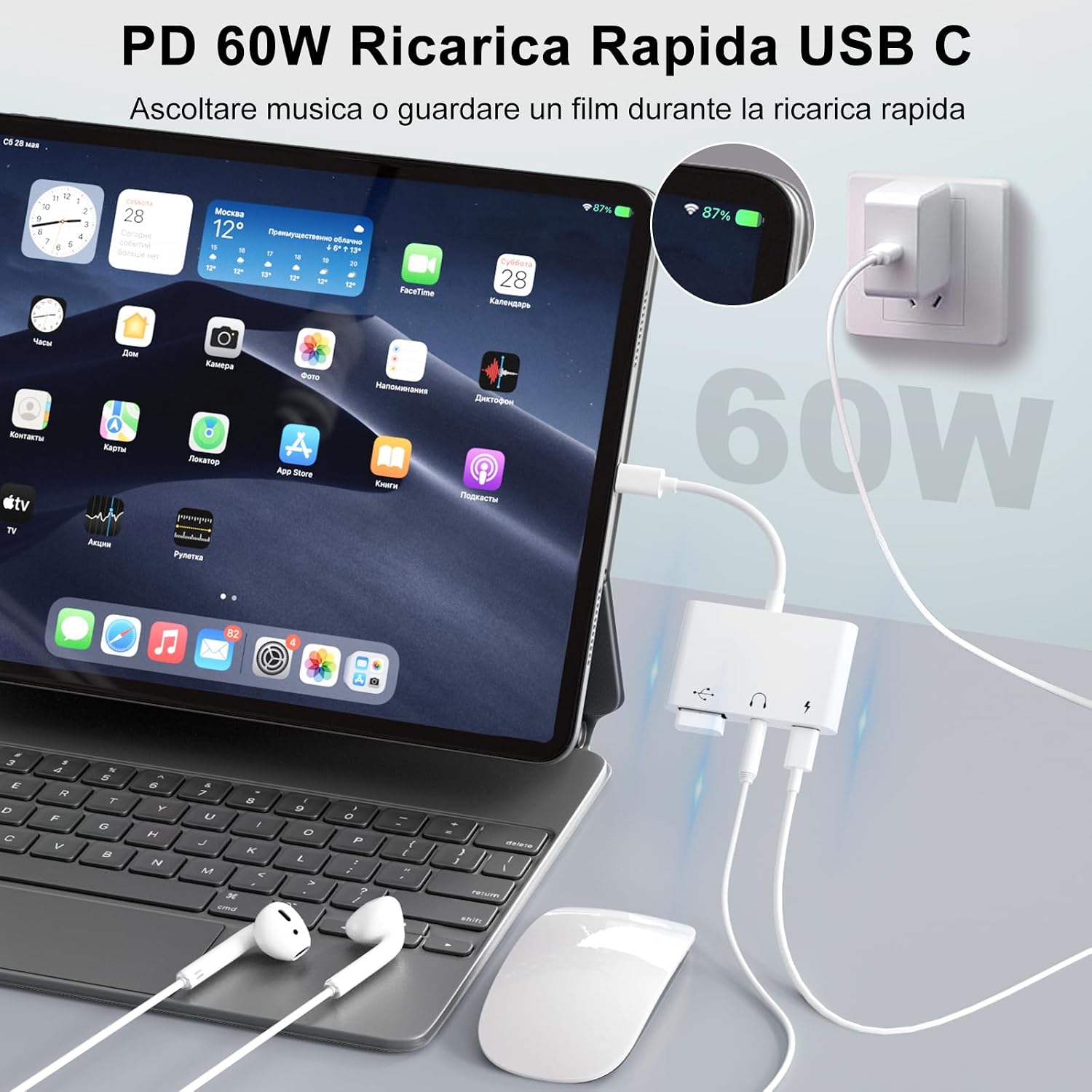 Detalle de Uniytriox Adattatore USB C 3 in 1 con Audio 3,5 mm e PD 60 W