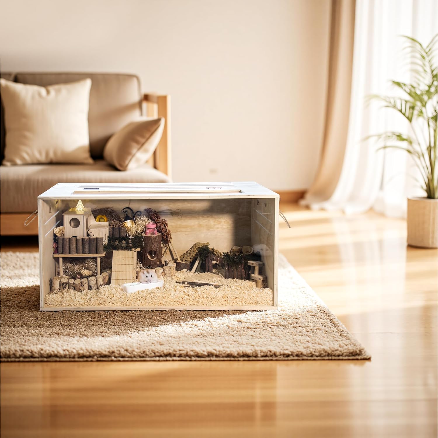 Detalle de Hamster Cage Chewproof: 80cm Wooden Cage for Small Animals with Openable Top and Easy View Acrylic Panels