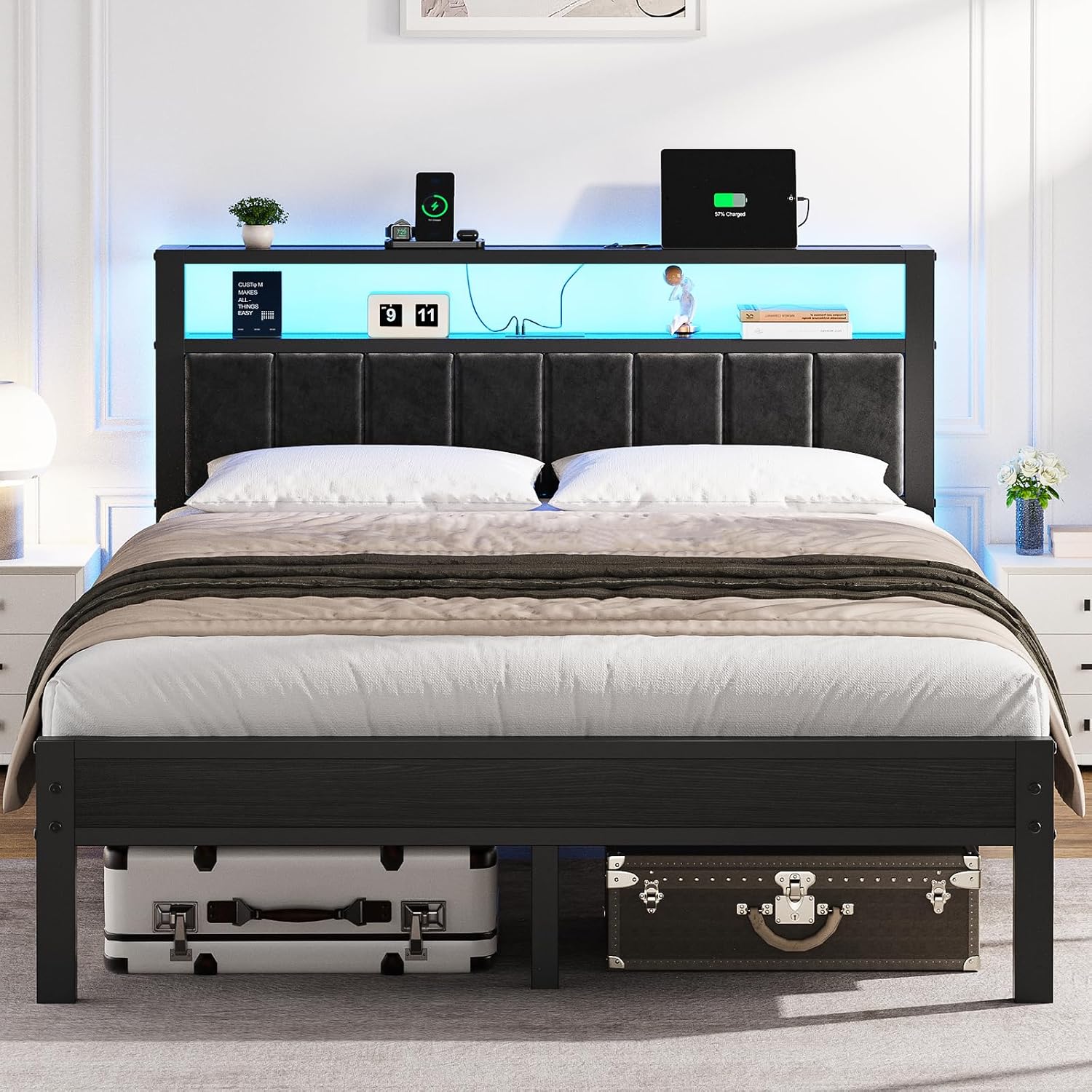 OLEVS Queen Bed Frame, Metal Platform with RGB LED Lights and Storage Headboard