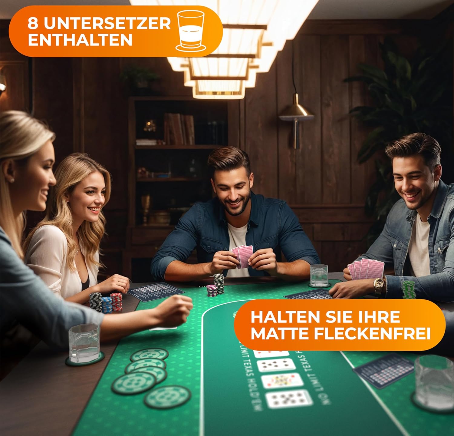 Detalle 2 de Newverest Tischauflage Texas Hold’em 180 x 90 cm – Casino Poker Matte Grün mit Reißverschlusstasche, 8 Untersetzer & Geschenkbox