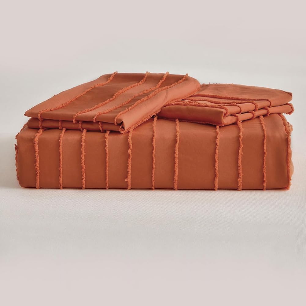 Thumbnail 5 de Michorinee Housse de Couette 200x200 Tuftée Terracotta Rayée – Parure Pour 2 Personnes avec Fermeture Éclair