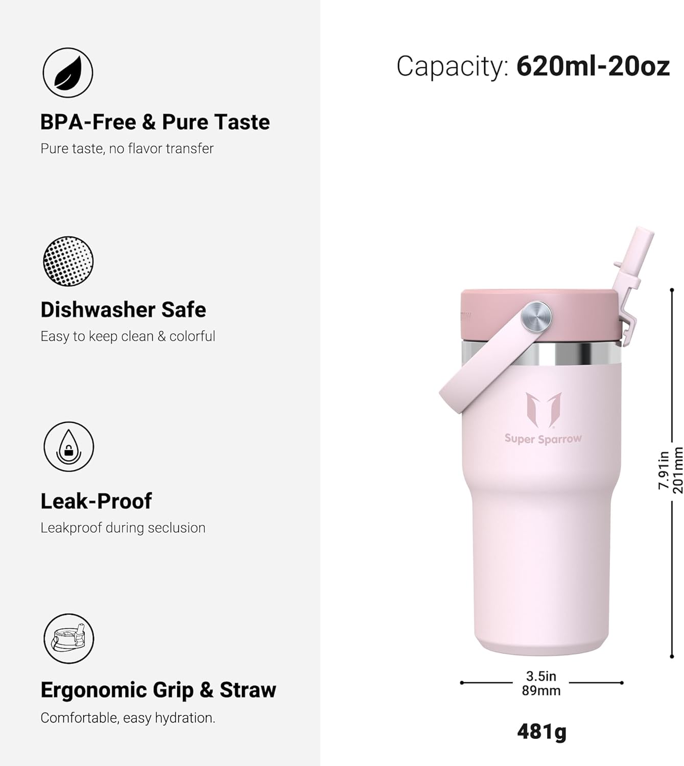 Detalle de Sparrow Trinkflasche Edelstahl – Twistpath Thermosflasche mit Flex-Strohhalmdeckel, 620 ml