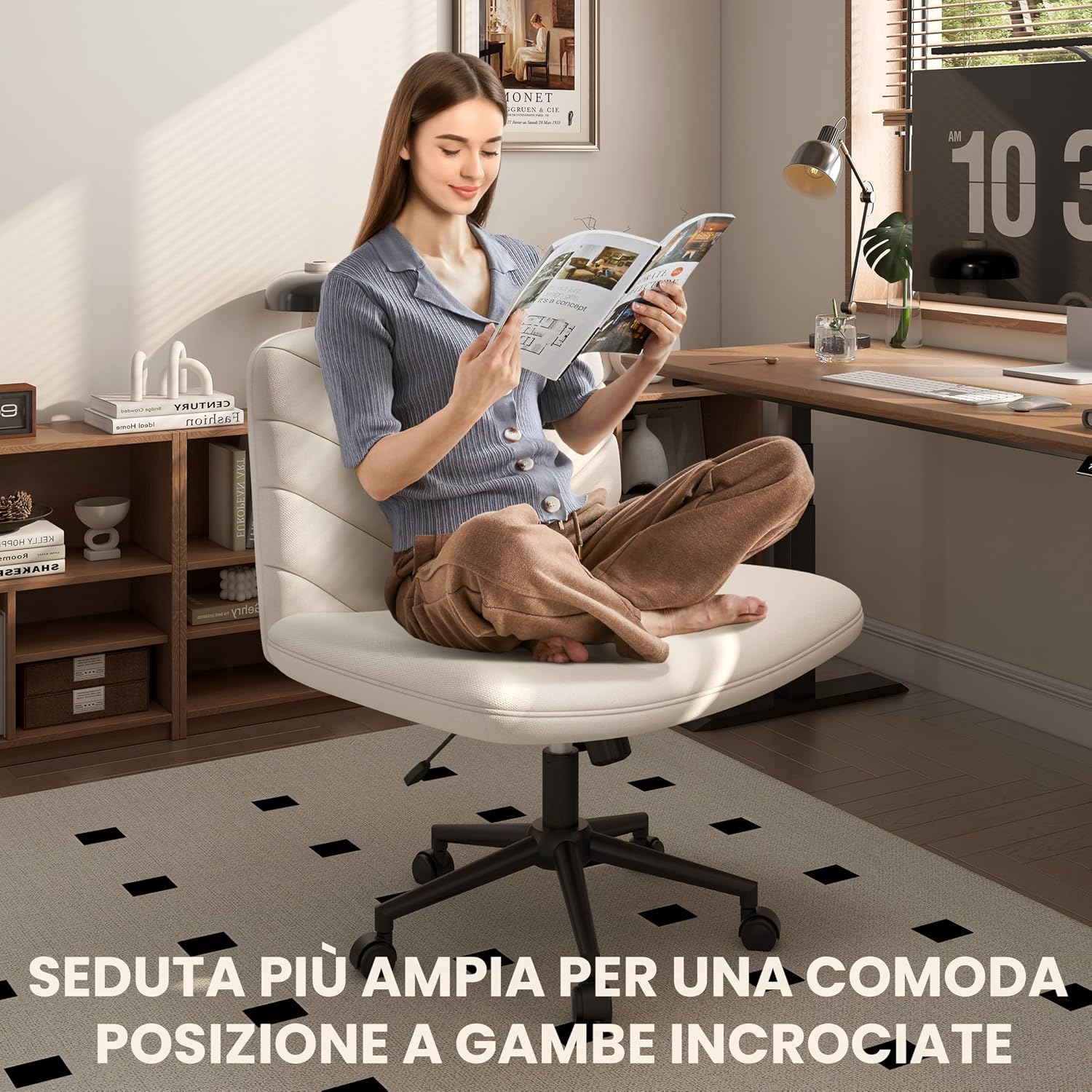 Detalle de Yaheetech sedia ufficio girevole senza braccioli in tessuto con schienale reclinabile e altezza regolabile (beige)