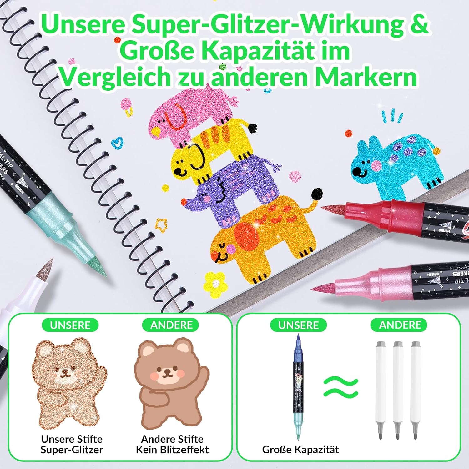 Thumbnail 3 de KEMYR Glitzerstifte Set 72 Farben – Doppelspitzen mit Pinselspitze für DIY, Karten & Doodling