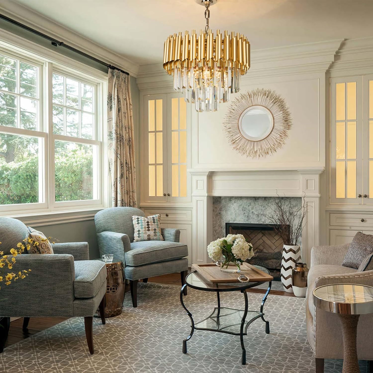 Thumbnail 4 de FRIXCHUR Gold Crystal 3-Tier Raindrop Flush Mount Ceiling Light (E14, bulbs not included)