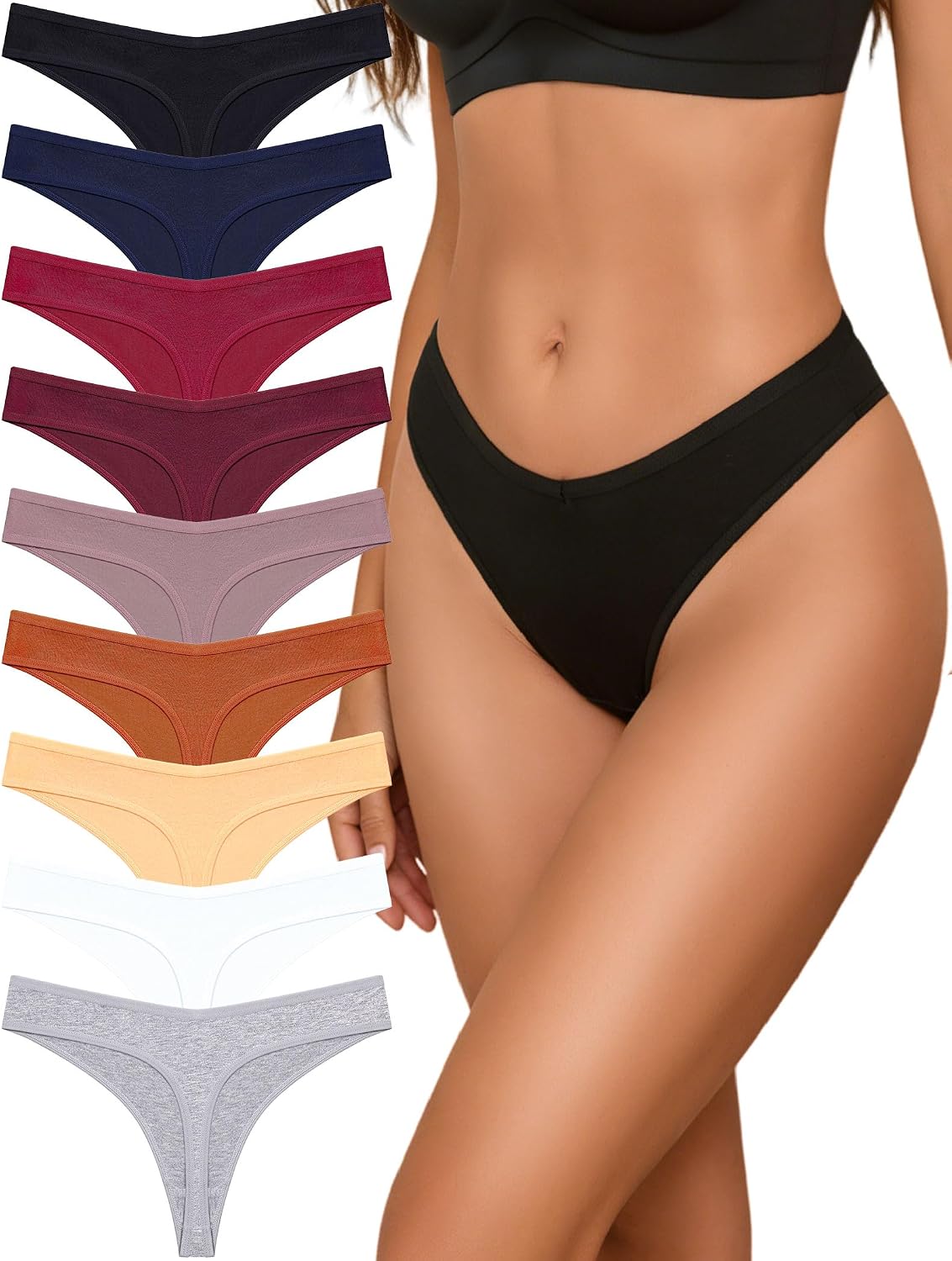 Detalle de Sth Big Cotton Thongs for Women, 9-Pack, 95% Cotton, Low-Rise V-Waist