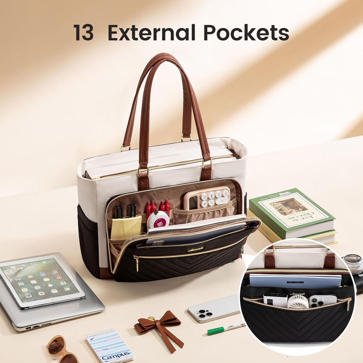 Thumbnail 4 de LOVEVOOK 17 Inch Laptop Tote Bag for Women with Large Cup Holder & Multi-Pockets (Beige/Black/Brown)