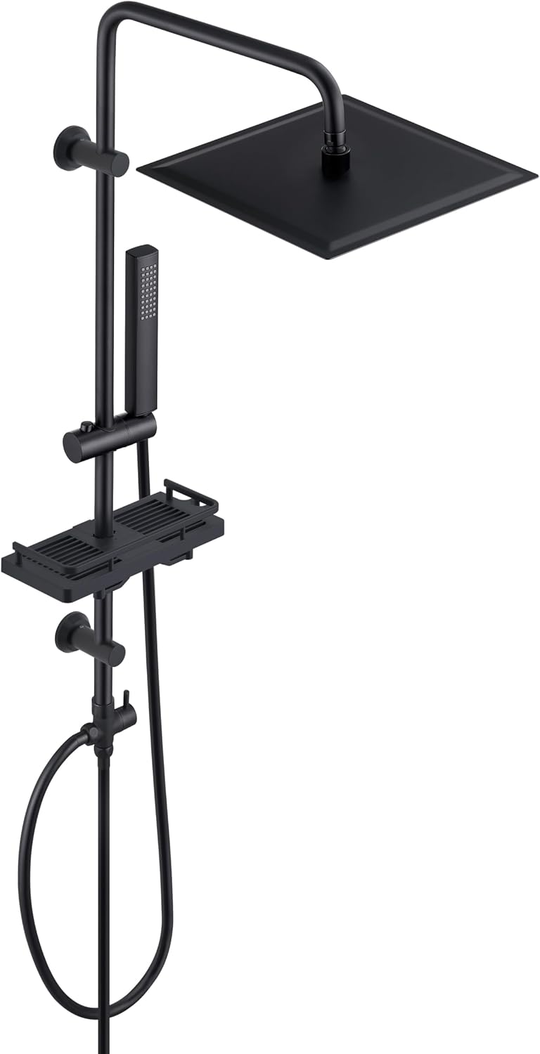 Detalle de Görbach Colonna Doccia in Acciaio Inox senza Miscelatore con Soffione 30×30 cm, asta regolabile e mensola, set doccia a pioggia Nero
