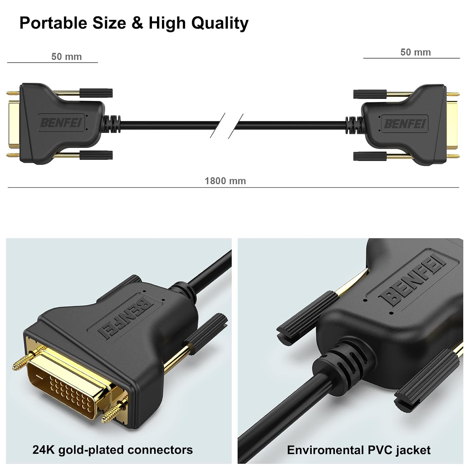 Detalle de BENFEI DVI-D 24+1 dual link-kabel, 1,8 m med guldpläterade kontakter