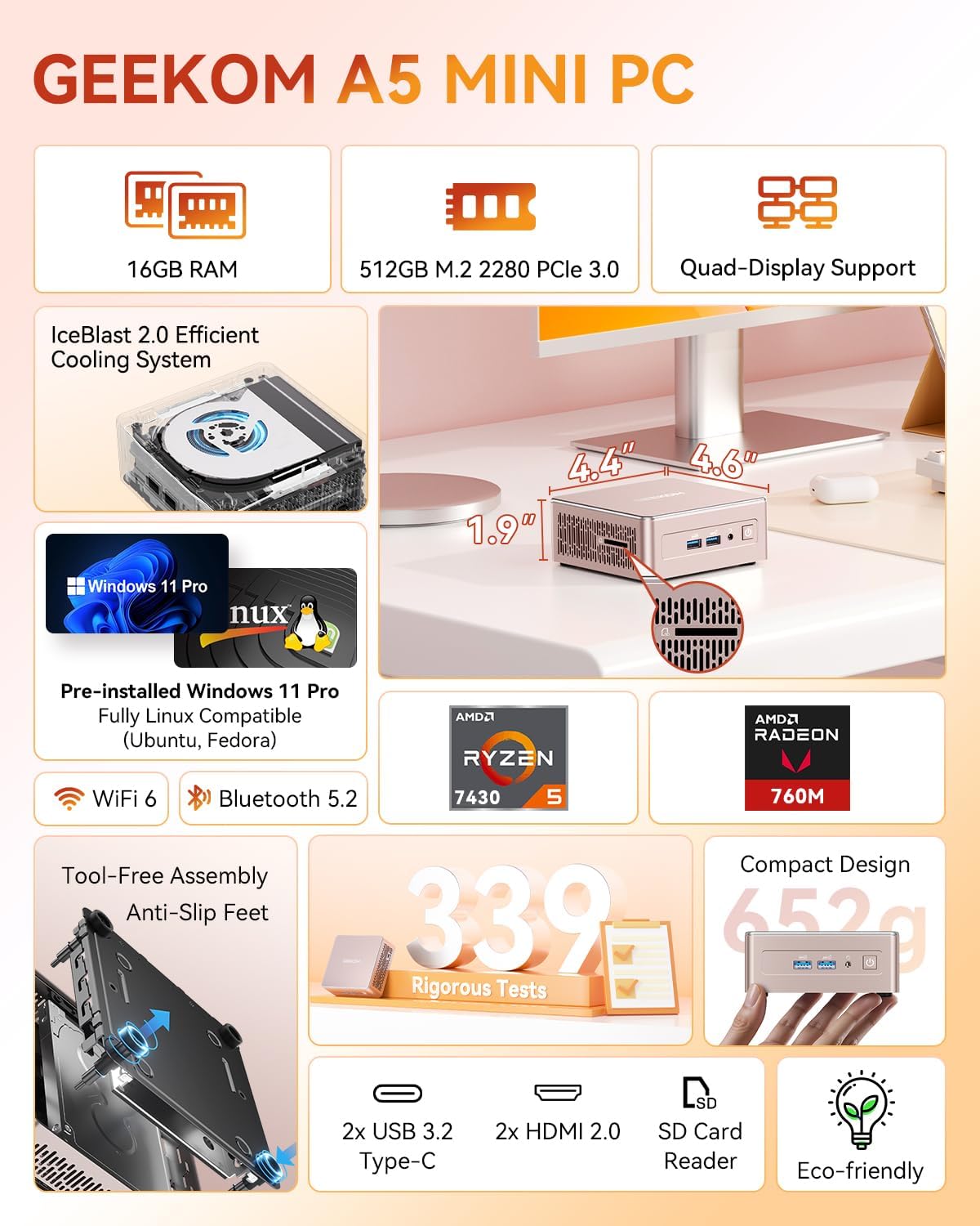 Thumbnail 1 de GEEKOM A5 Mini PC with Ryzen 5 7430U — 16GB RAM, 512GB NVMe, 8K Display