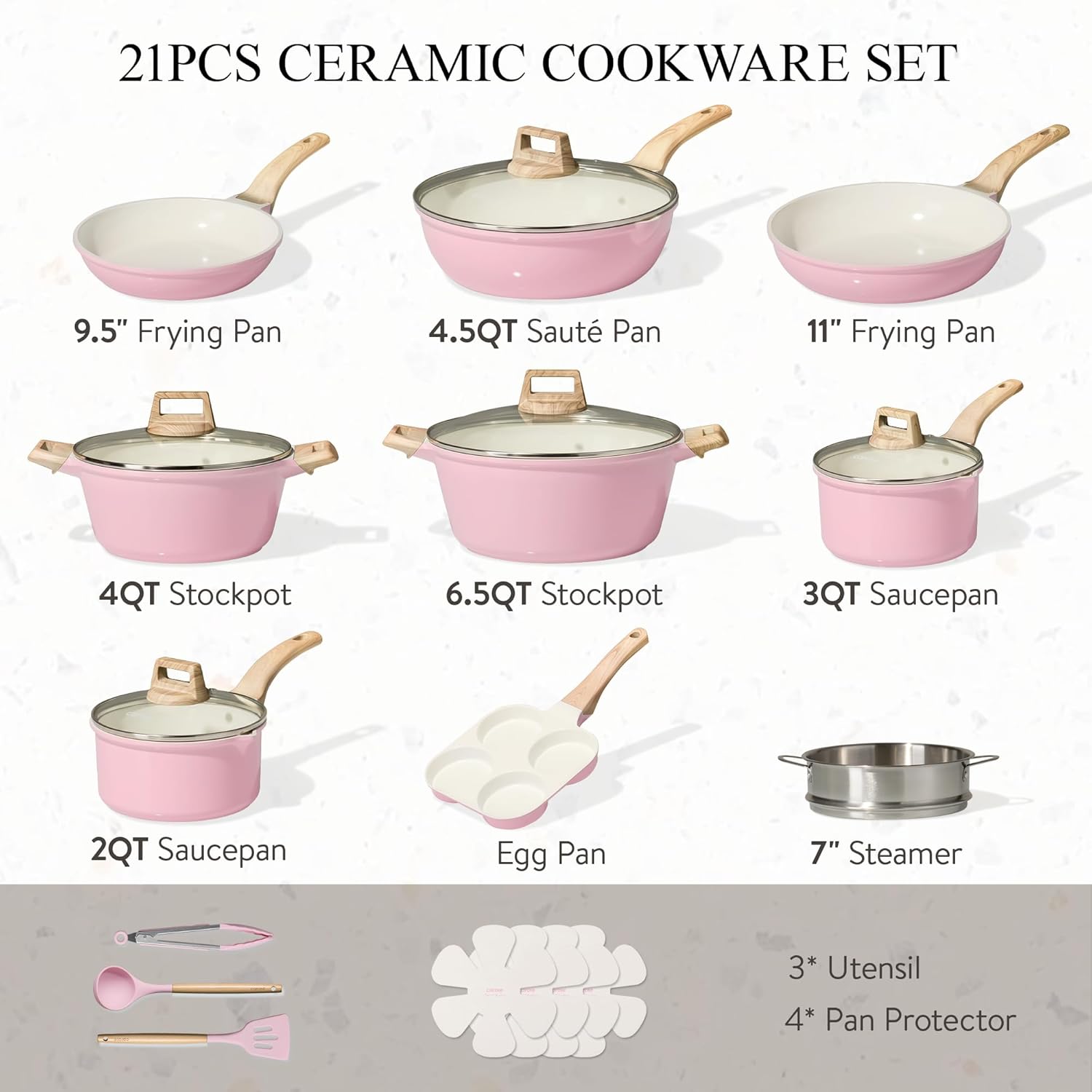 Detalle 2 de CAROTE 21 PCS Ceramic Cookware Set: Nonstick Pots and Pans, Induction Ready in Pink