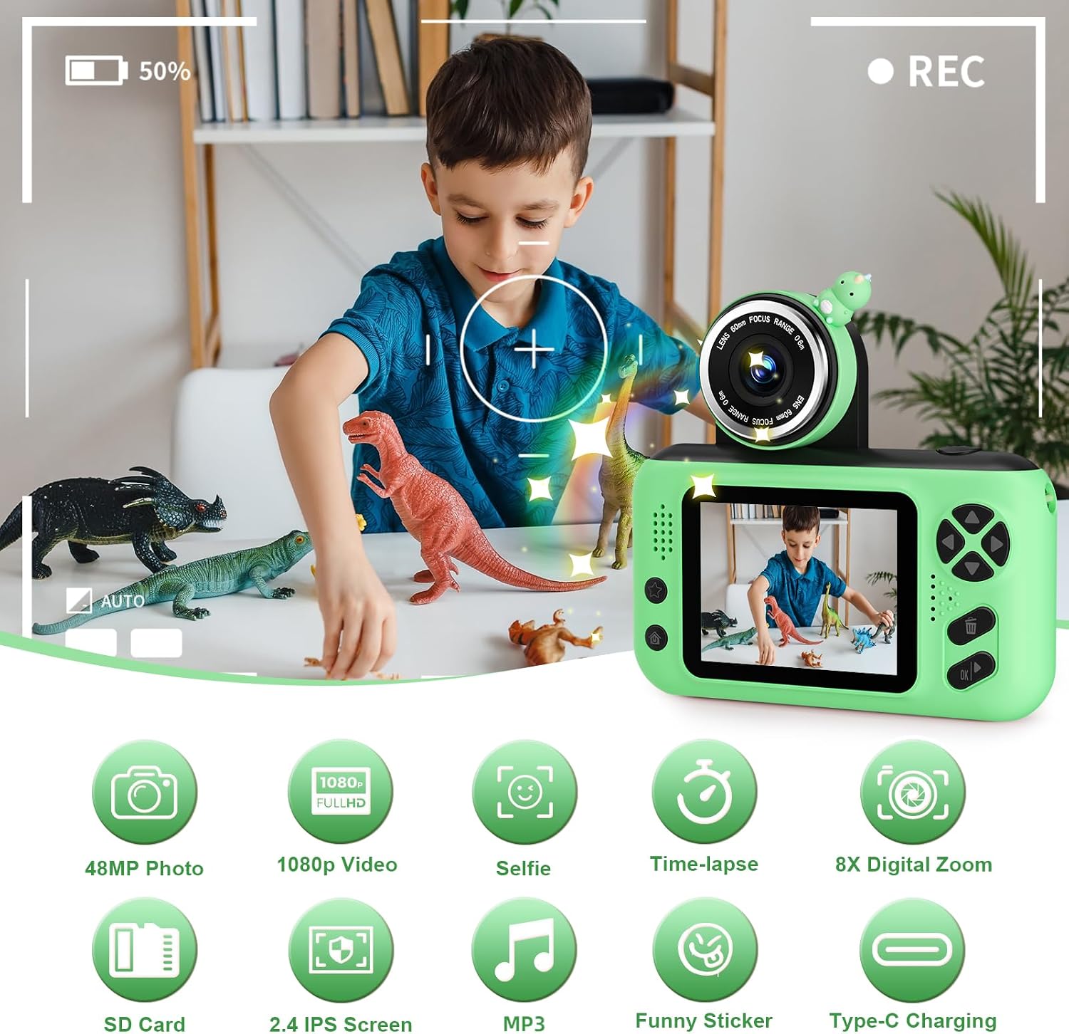Detalle 2 de Makolle Kids Camera: 180° Flip Selfie Cam with 32GB Card for Kids Aged 3–10