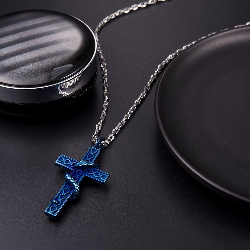 Thumbnail 2 de Collier PROSTEEL unisexe avec pendentif croix et serpent en acier inox 316L, émail bleu (style punk rock)