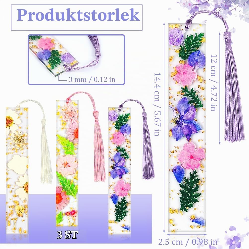 Thumbnail 1 de AUAUY bokmärken i harts, 3-pack med transparent blommotiv och tofsar