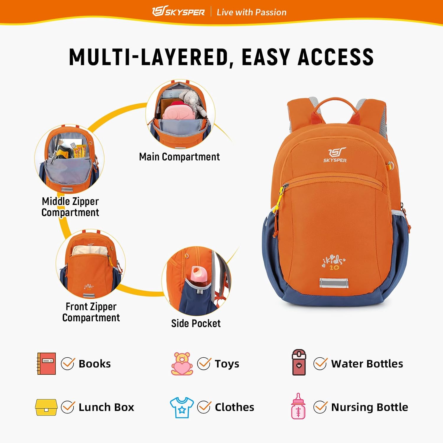 Detalle 2 de SKYSPER Kinderrucksack 10L – robuster Wanderrucksack mit Brustgurt für Jungen & Mädchen