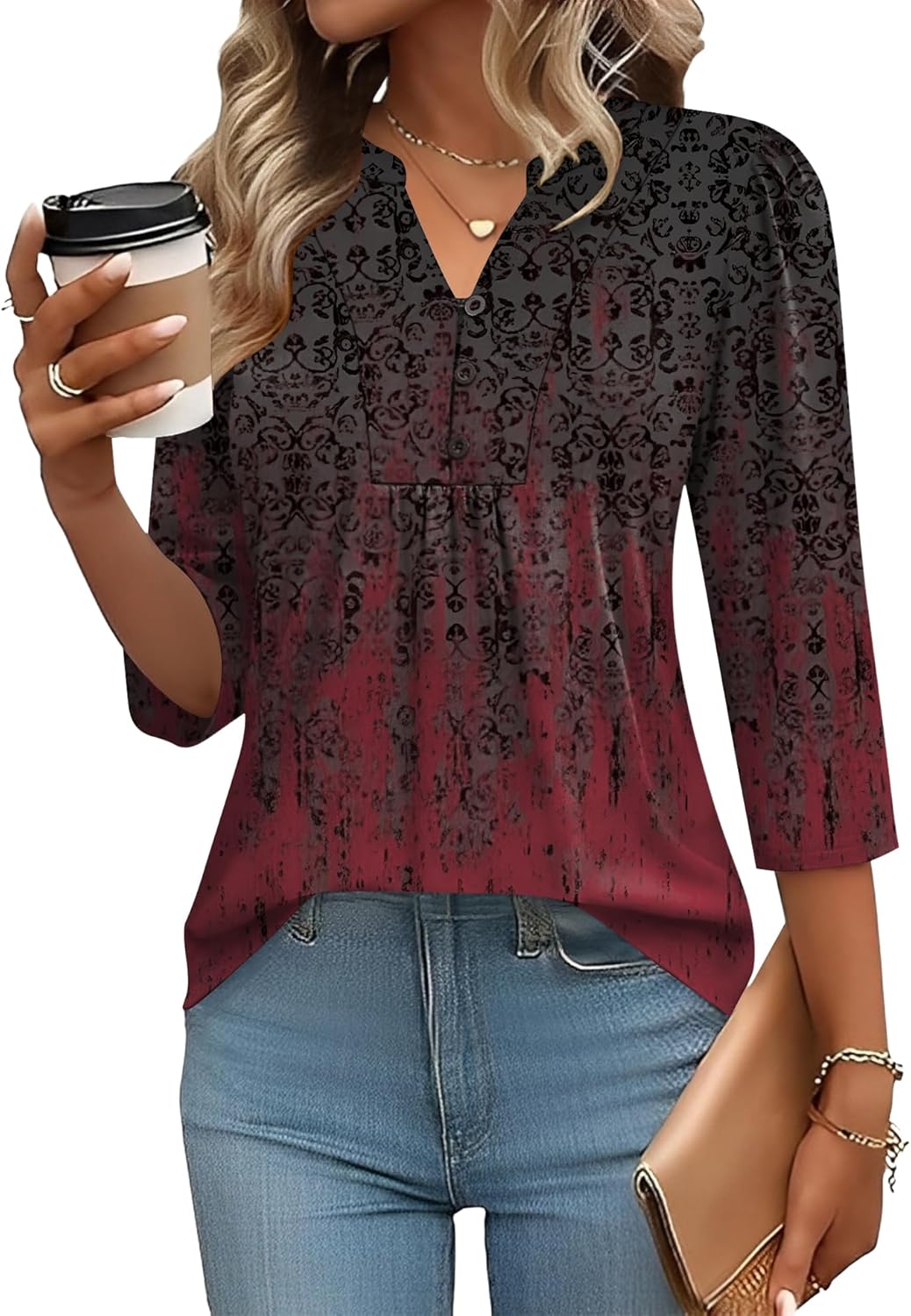 Thumbnail 6 de IECCP 3/4 Sleeve Pleated Henley V-Neck Top