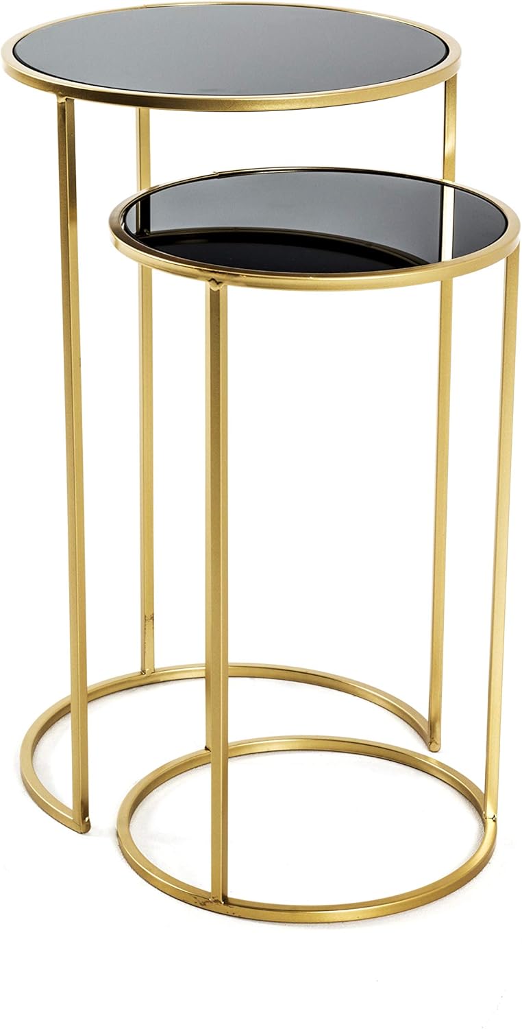 Detalle de HAKU Set di 2 tavolini glam in metallo dorato e vetro nero – Ø 30/35 cm x H 50/60 cm