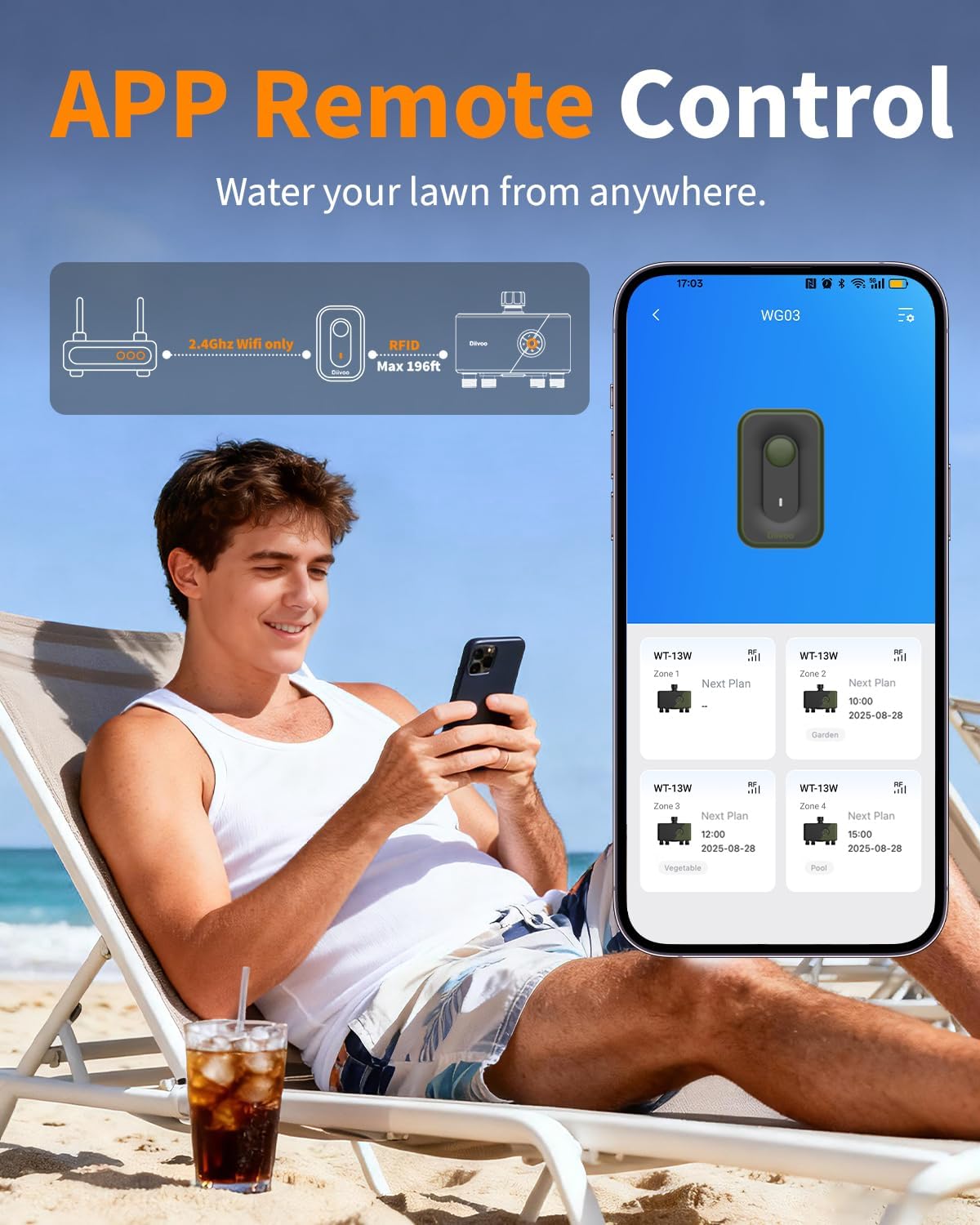 Detalle de Diivoo WiFi Water Timer 4 Outlets with Brass Inlet – Smart Sprinkler Timer for Garden Irrigation
