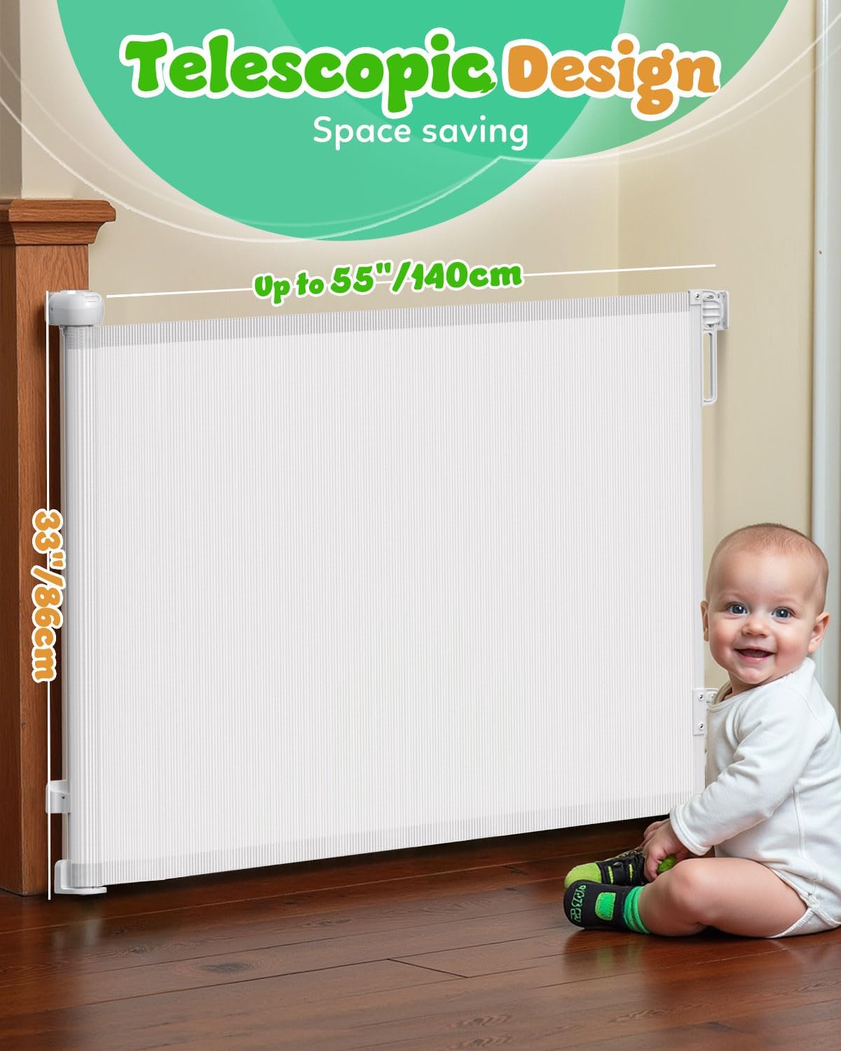 Detalle de Retractable Stair Gate for Baby with Double Lock, 140 cm Wide, One-Handed Operation