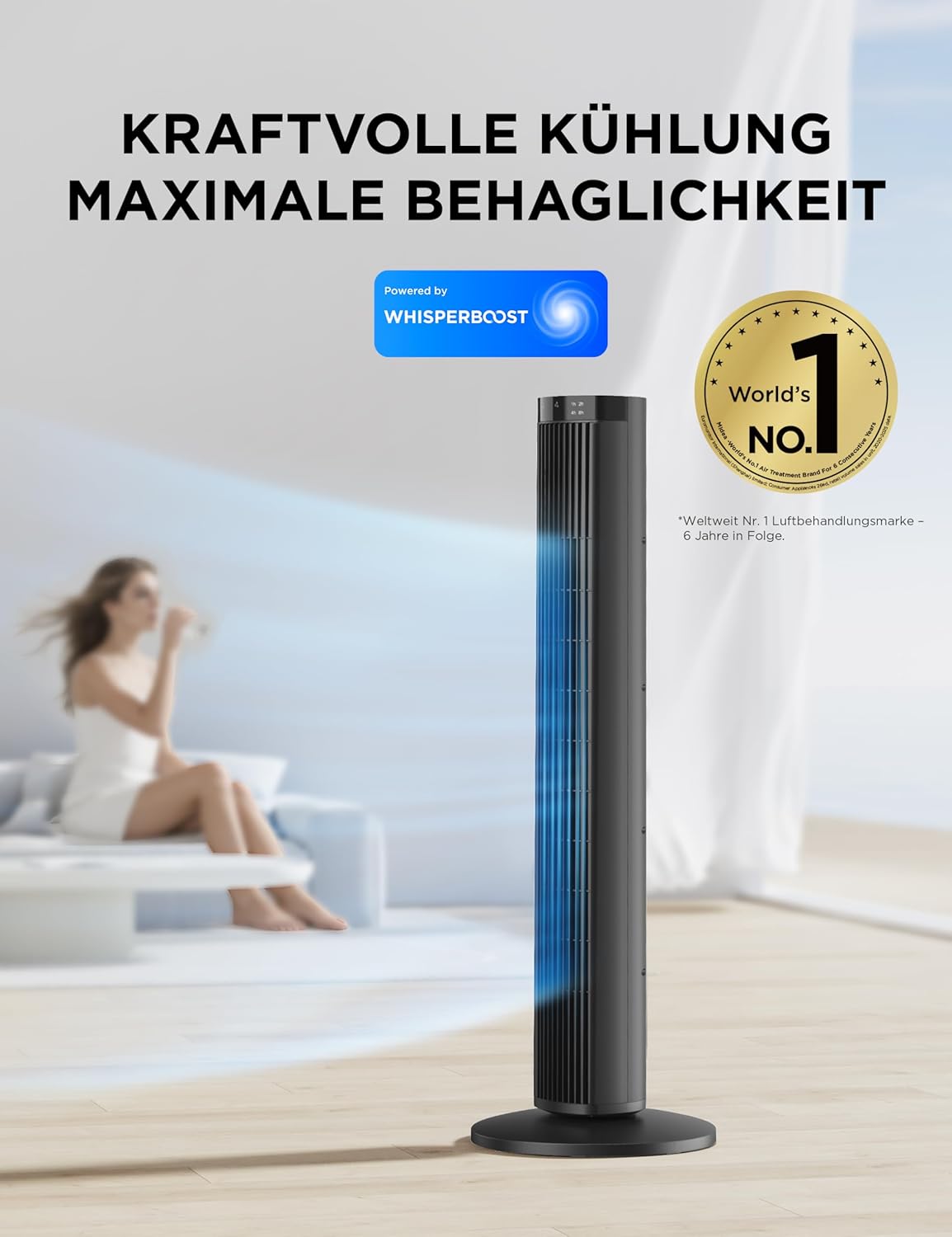 Detalle de Midea Turmventilator FZ10-26MR(BL): leise, stark und zeitgesteuert für Schlaf- und Arbeitsräume