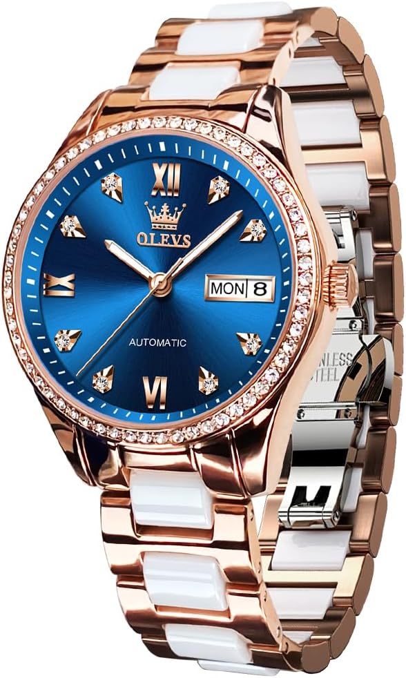 Thumbnail 6 de OLEVS Damen Automatik-Quarz-Uhr Diamant-Lünette, Zwei-Ton Armband aus Edelstahl & Keramik, 30 m wasserdicht