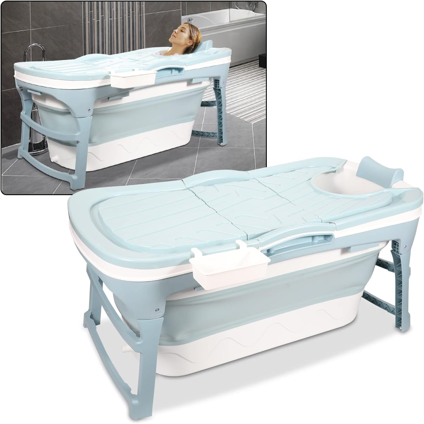 Detalle de Cecaylie Vasca da bagno portatile pieghevole per adulti con coperchio e cestino – 118 x 60 x 50 cm, blu