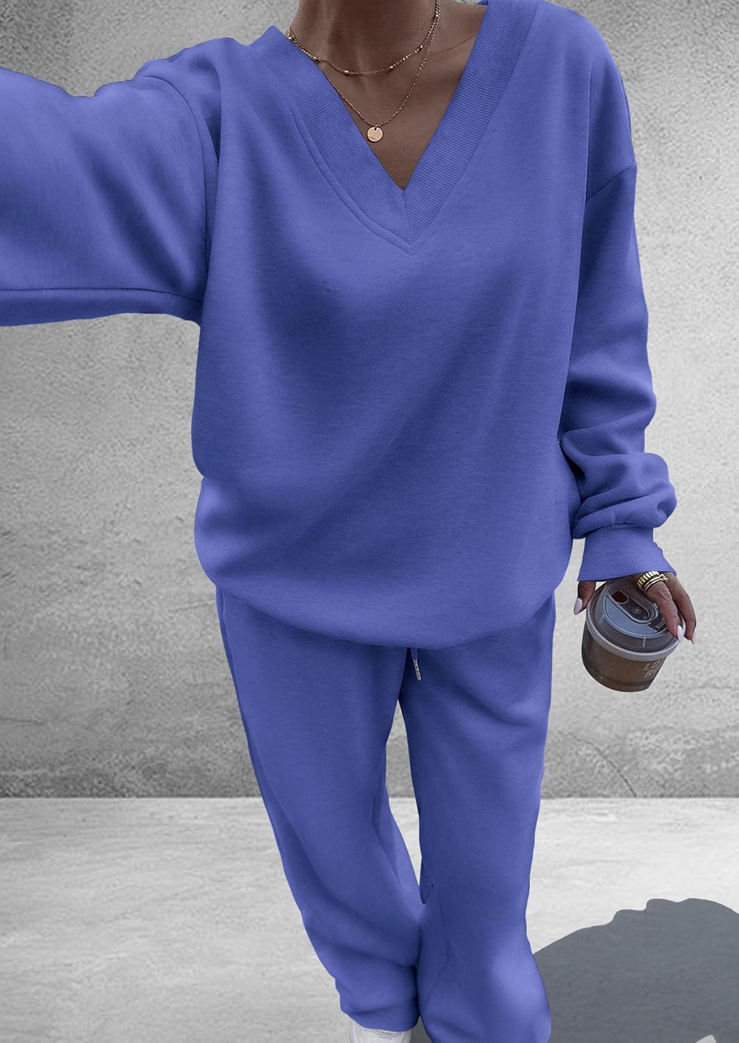 Detalle de PRETTYGARDEN Casual Winter Two Piece Set for Women – V Neck Sweatshirt & Wide-Leg Knit Pants (2026)