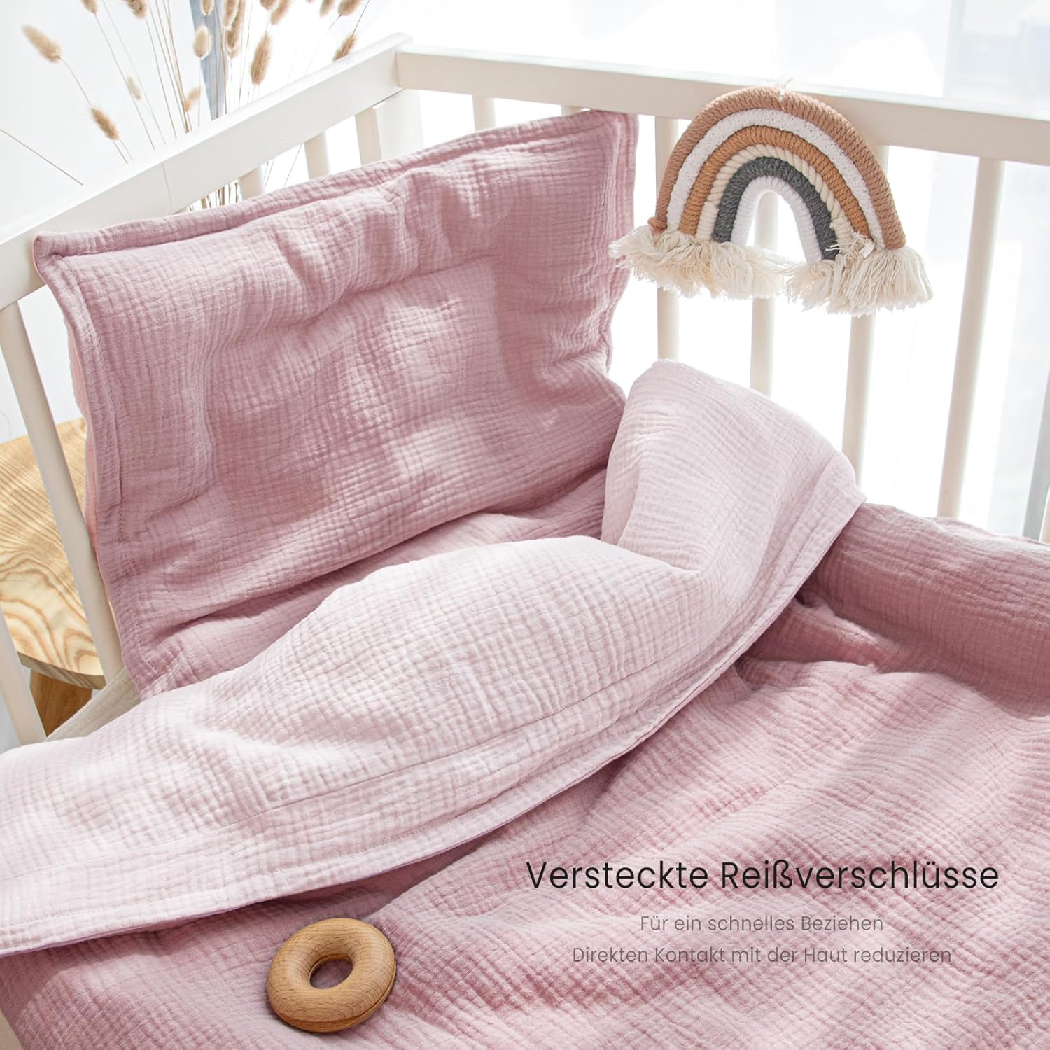 Detalle de lulumoon Kinderbettwäsche 100x135 + 40x60 aus Musselin-Baumwolle, OEKO-TEX Standard 100