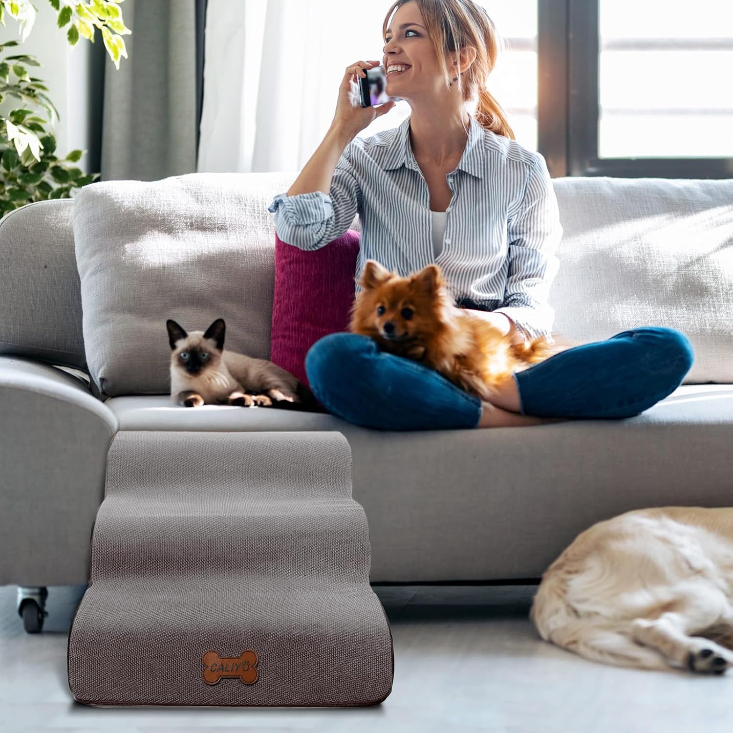 Thumbnail 6 de CALIYO Hundetreppe 3 Stufen – rutschfeste, waschbare Haustiertreppe für kleine Hunde und Katzen (60×40×40 cm)