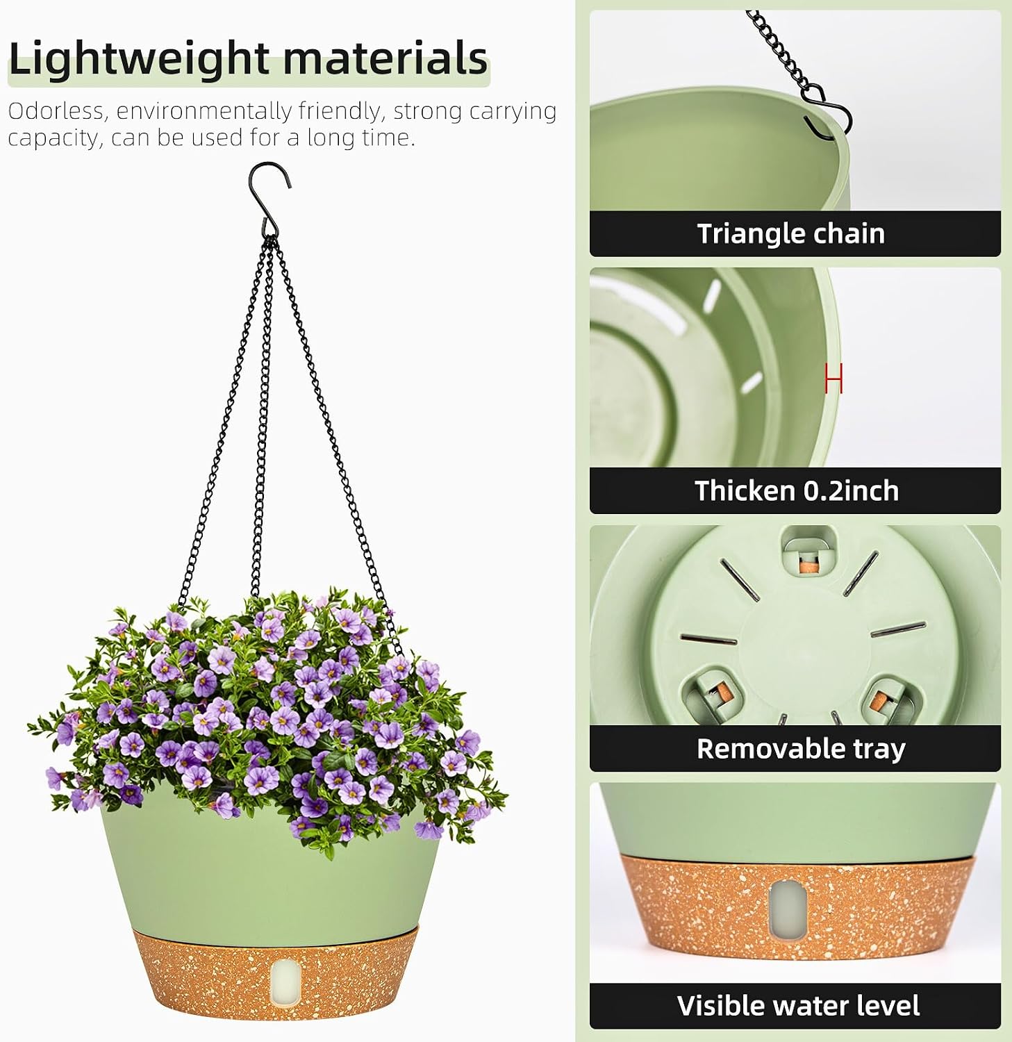 Detalle de QCQHDU 2 Pack Hanging Planters Set – 20 cm Indoor/Outdoor with Drainage and 3 Hooks