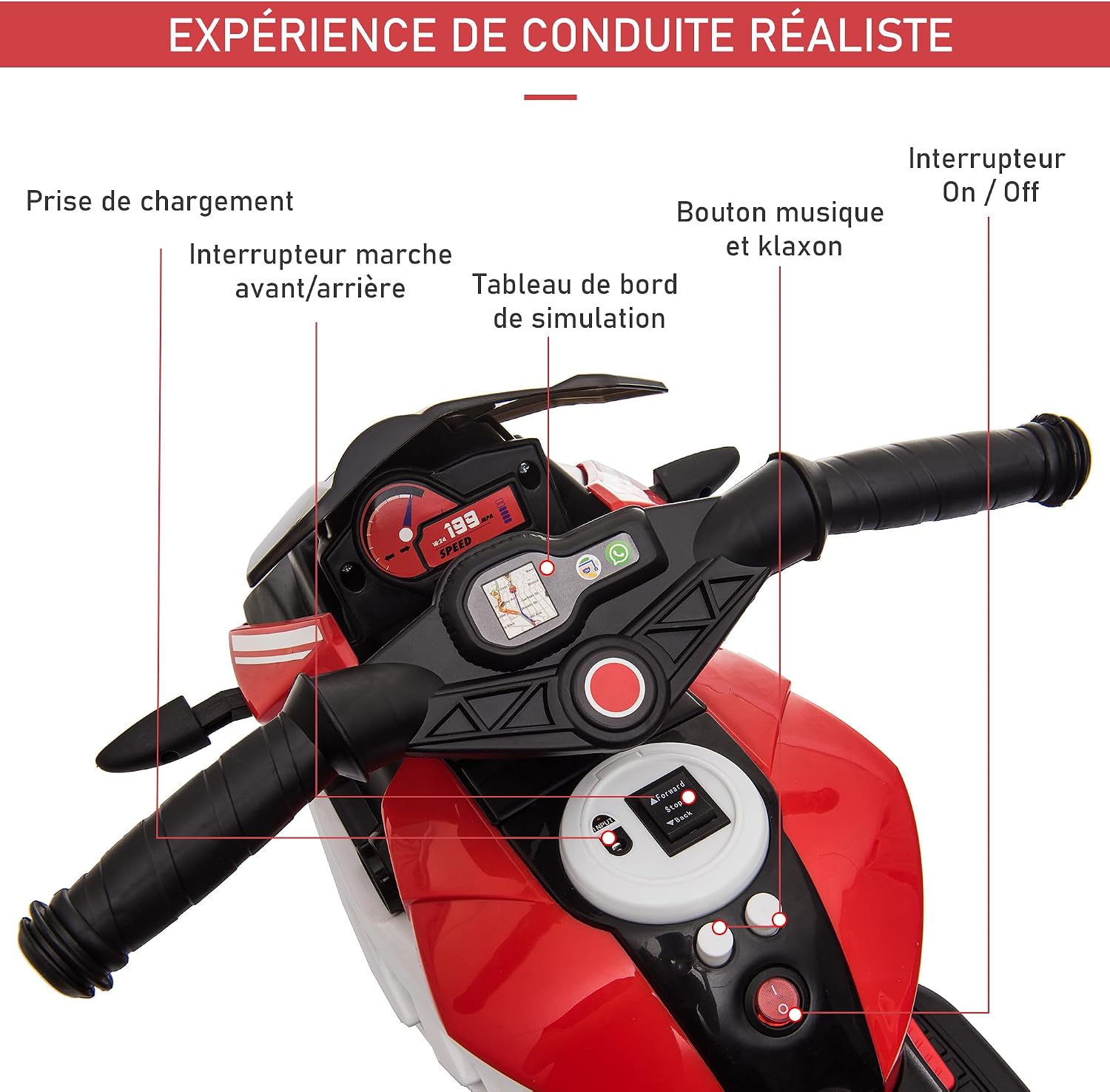 Detalle 2 de HOMCOM 370-103V90RD elektrische kindermotorfiets, 3 wielen, 6 V en lichteffecten