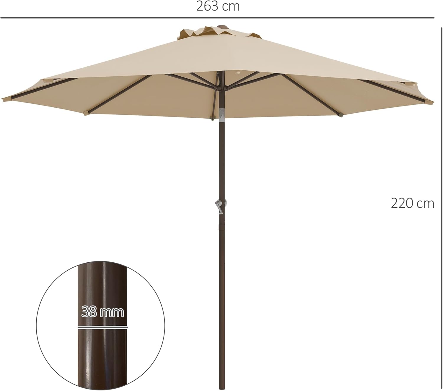 Thumbnail 6 de Outsunny Parasol de jardin droit Ø 2,63 m en métal, manivelle inclinable beige