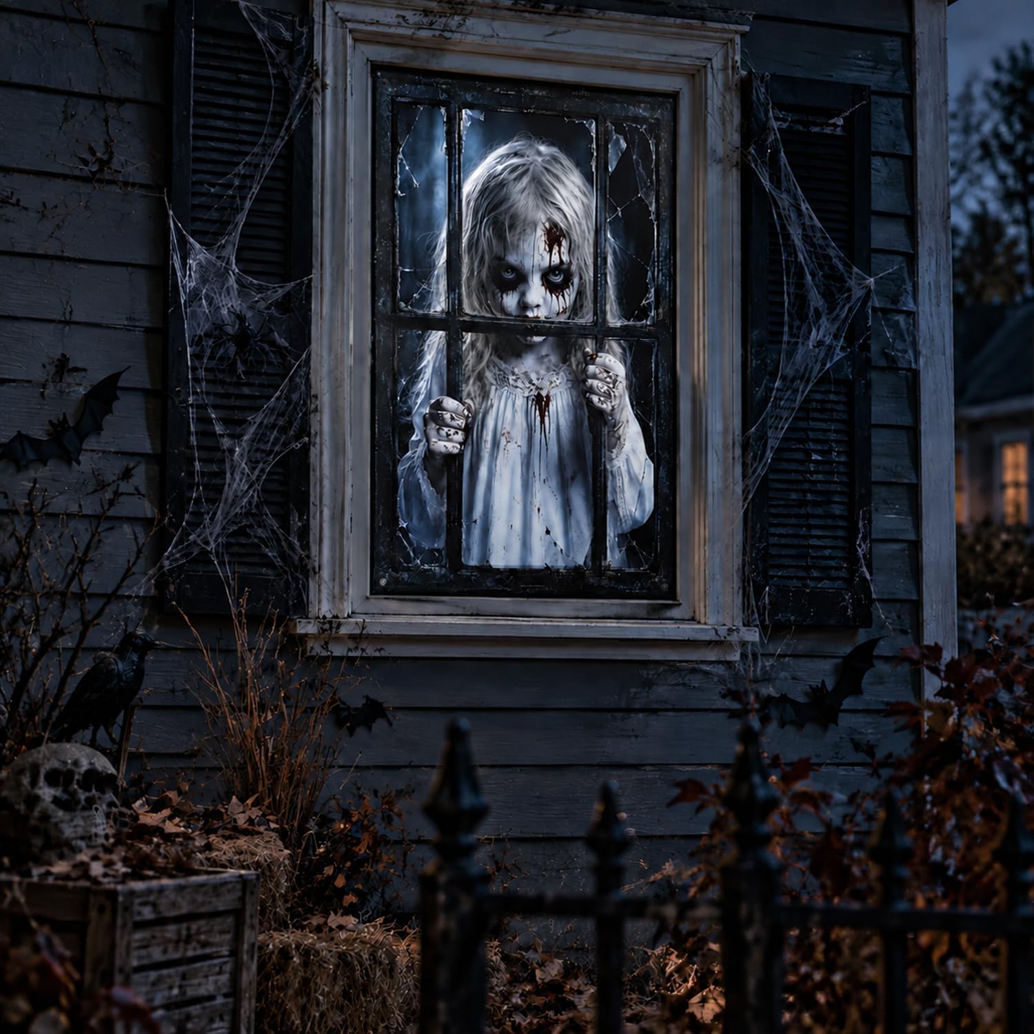Detalle 2 de Kaiyingxin 072901 Halloween-decoratiedoek 80 x 120 cm met horrormeisje