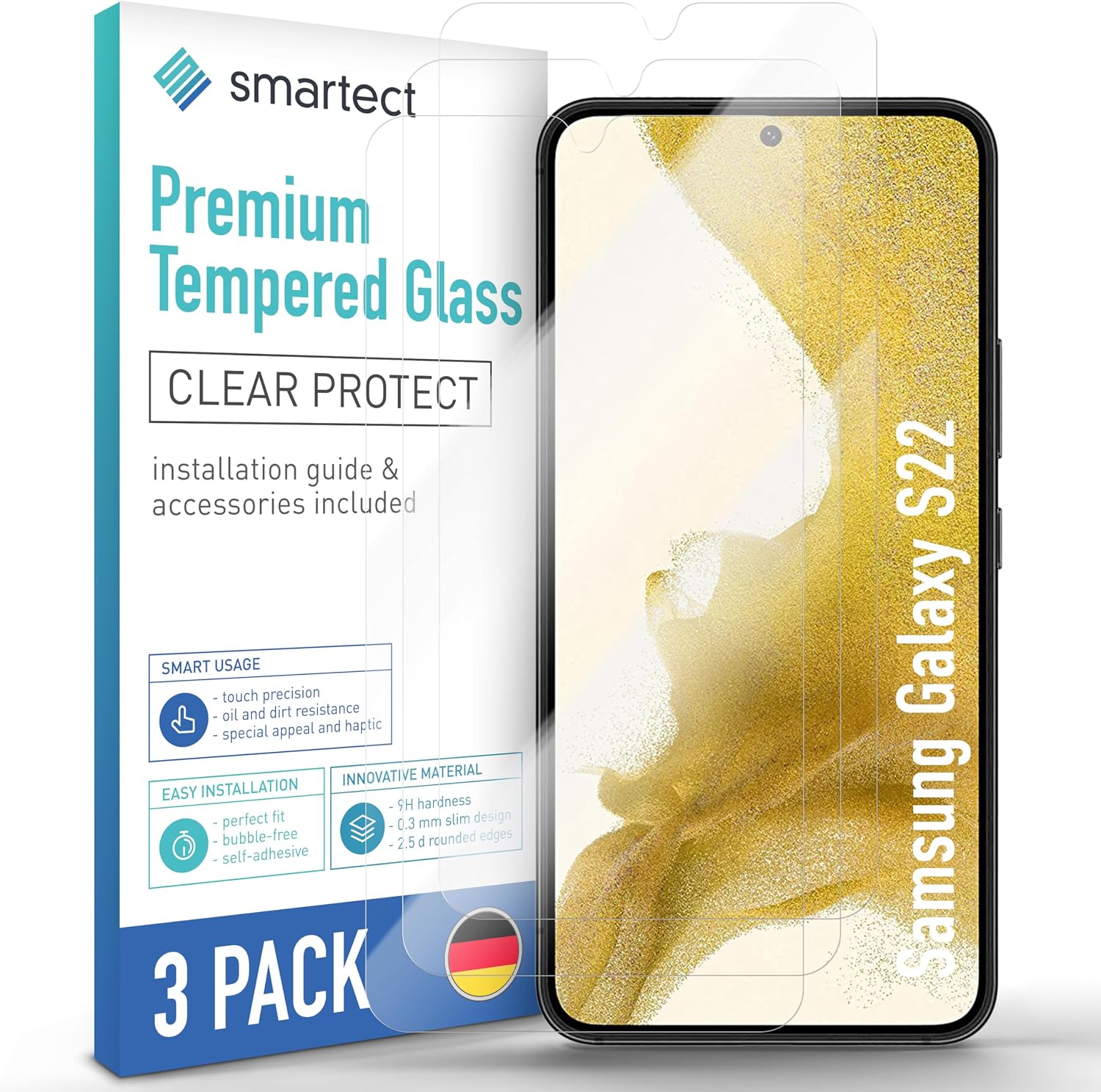 Detalle de SmarTect Glass Screen Protector for Samsung Galaxy S22, 3-Pack, 0.3 mm, 9H