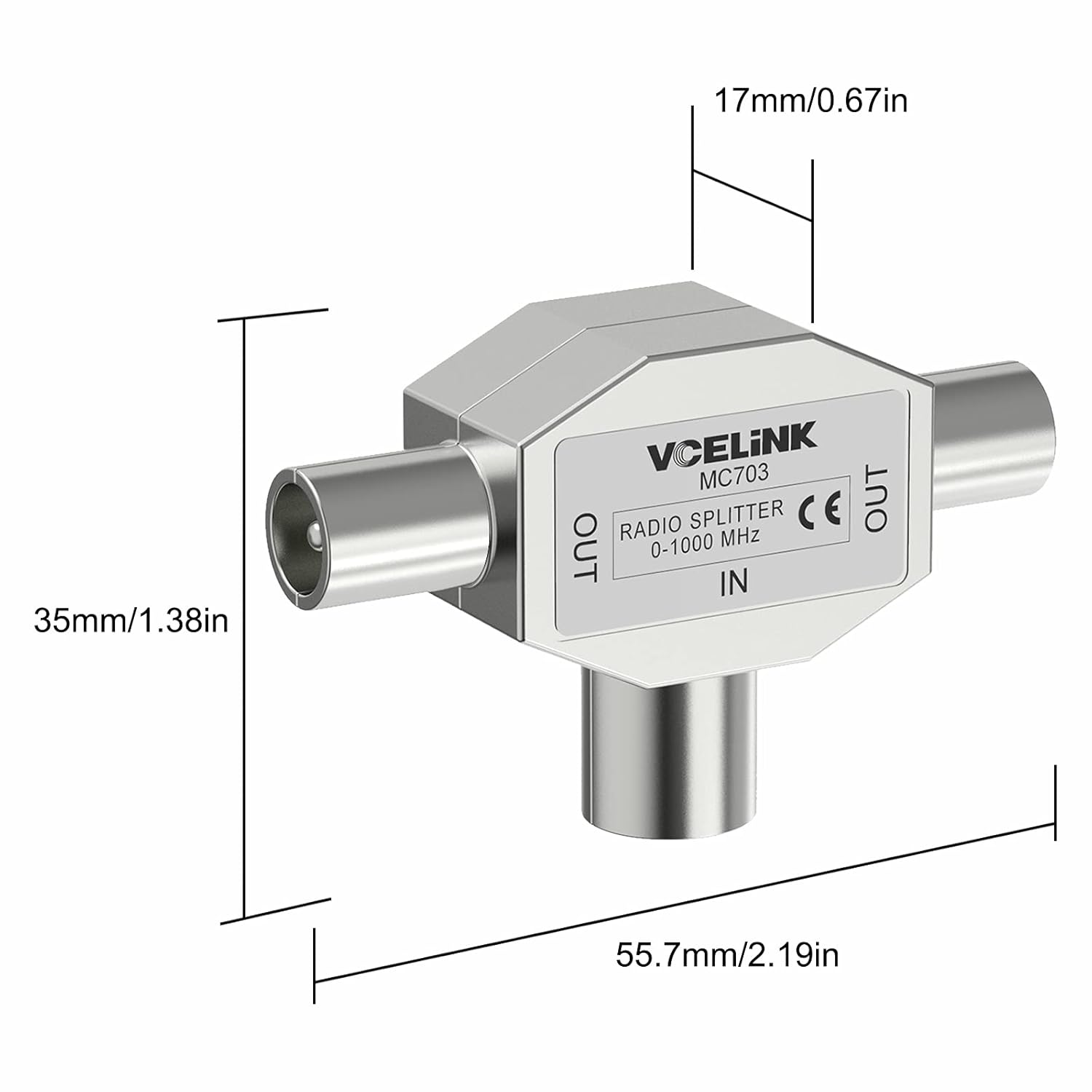 Detalle de VCELINK TV Aerial Coax Splitter (2-Way) 0–1000MHz – 1x IEC In to 2x IEC Out