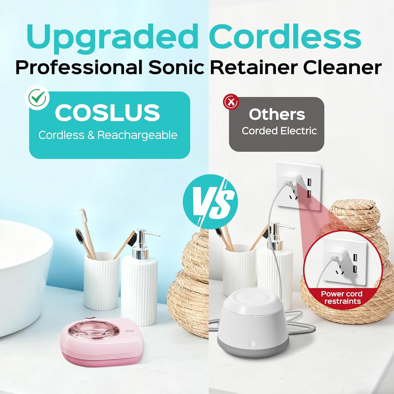 Thumbnail 3 de COSLUS C50 Portable Ultrasonic Retainer Cleaner (50kHz) cordless pink – travel and home deep cleaning